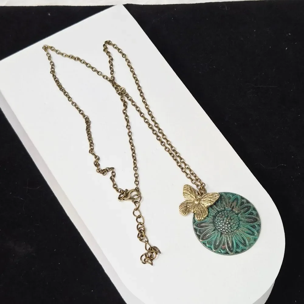 Verdigris Butterfly Sunflower Pendant Necklace Earring Set Ethnic Copper Patina